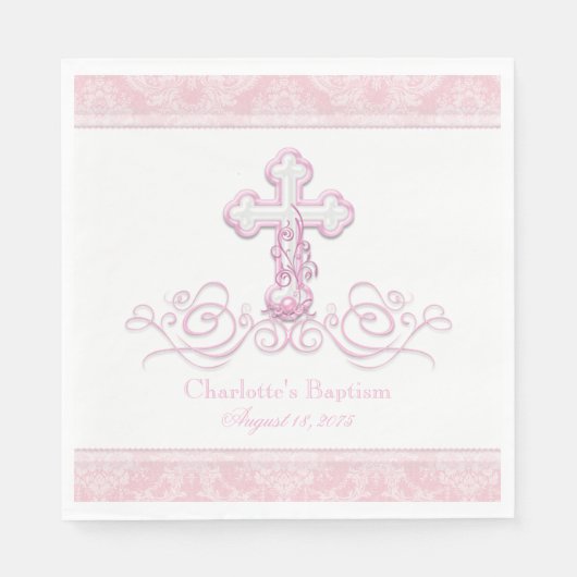Serviette En Papier Croix rose Damask Filles Baptême Communion serviet (Devant)