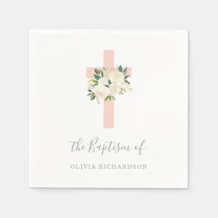 Serviette En Papier Croix rose et fleurs blanches Baptême de fille