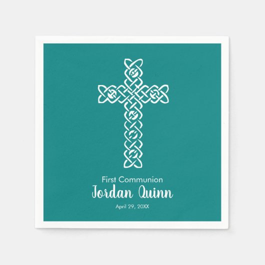 Serviette En Papier Croix | Turquoise Communion Baptême Christening (Devant)