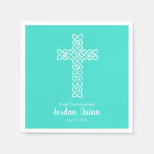 Serviette En Papier Croix | Turquoise Communion Baptême Christening (Devant)