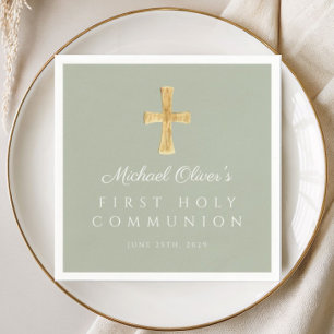 Serviette En Papier Croix vert sauge élégante Première communion