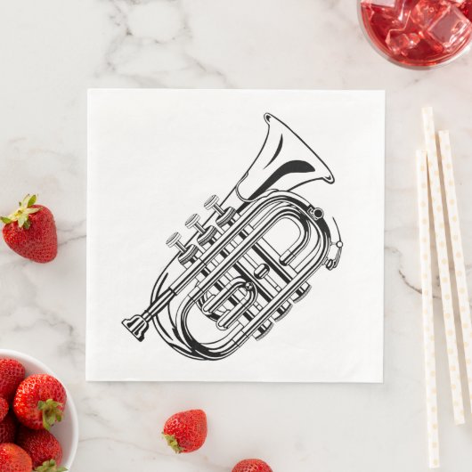 Serviette En Papier Croquis de trompette noir et blanc Instrument de m (En situation)