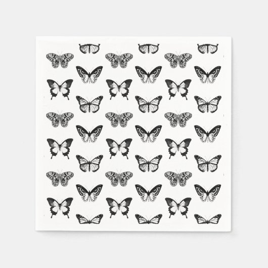 Serviette En Papier Croquis papillon, noir et blanc (Devant)