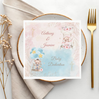 Serviette En Papier Cross w/ Pink and Blue Twin Teddy Bears on Swing
