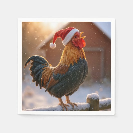 Serviette En Papier Crowing Christmas Rooster Wearing a Santa Hat (Devant)