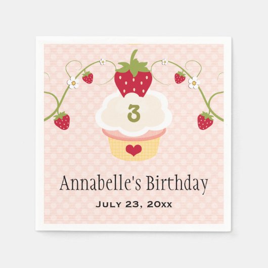 Serviette En Papier Cupcake aux fraises roses fête d'anniversaire n'im (Devant)
