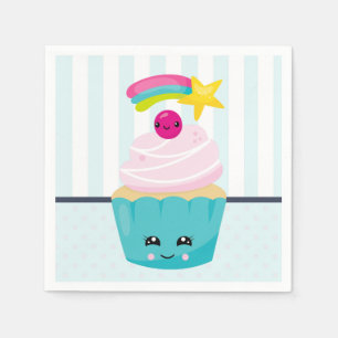 Serviette En Papier Cupcake bleu mignon avec visage Kawaii