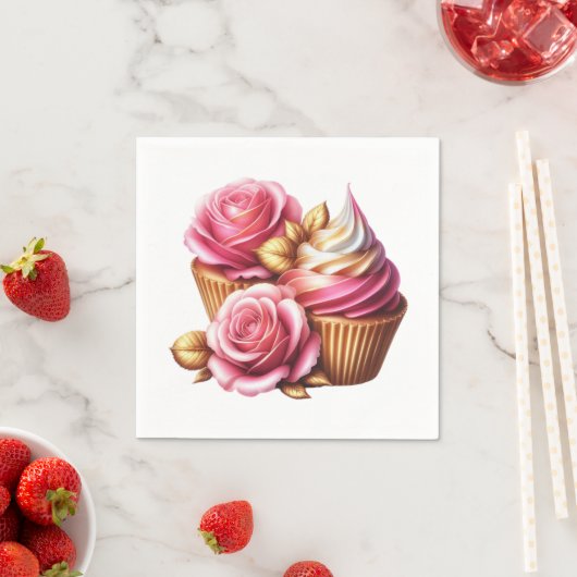 Serviette En Papier Cupcakes aux roses (En situation)