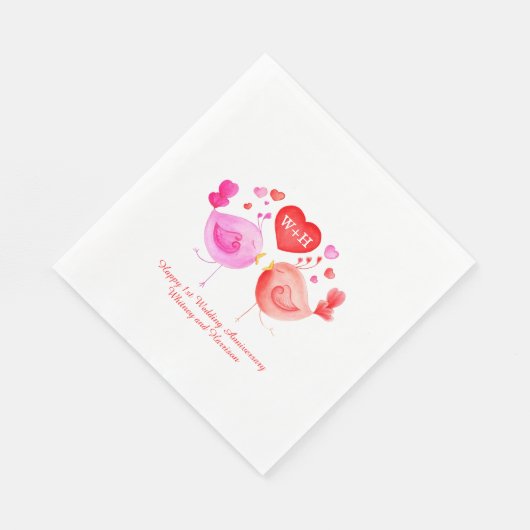 Serviette En Papier Cur Inséparable rouge rose 1er Anniversaire servie (Coin)