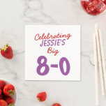Serviette En Papier Custom 80th Birthday Celebration Ajouter un nom<br><div class="desc">Tourner à 80 ans est une grosse affaire ! Et ces Fournitures Personalisées Purple and Red 80th Birthday Party peuvent montrer que vous êtes prêt à célébrer les 80 ans de l'homme ou de la femme anniversaire. Typographie thème Festive Party Paper Napkins décoration de fête. Créez votre propre contact personnel...</div>