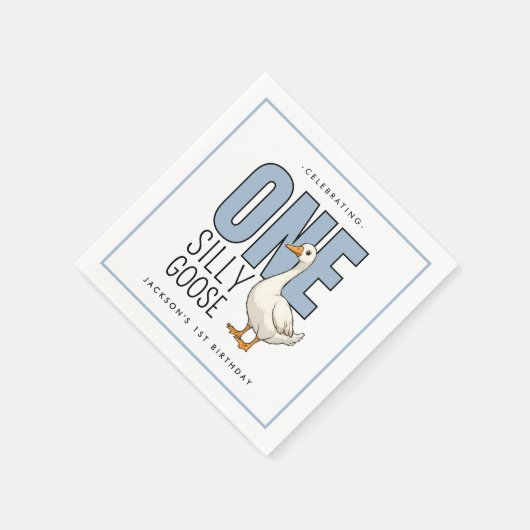Serviette En Papier Custom Modern Blue One Silly Goose First Birthday (Coin)