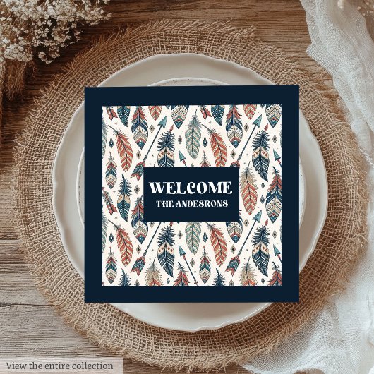 Serviette En Papier Custom Name Napkins Ethnic Chic Feathers Design