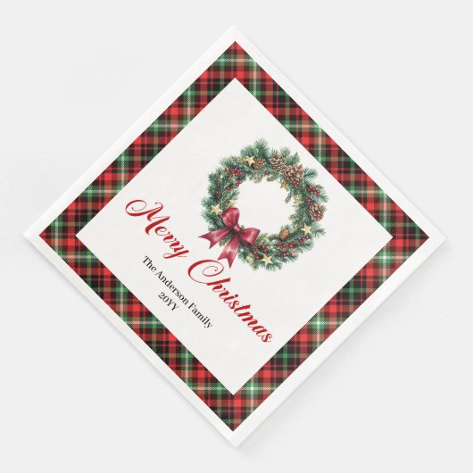 Serviette En Papier Custom Name Pine Wreath Christmas Napkin Design (Coin)