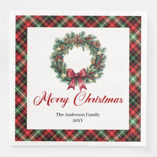 Serviette En Papier Custom Name Pine Wreath Christmas Napkin Design (Devant)