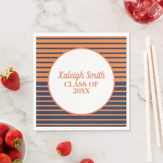 Serviette En Papier Custom Navy Blue Orange Striped Graduation Party (En situation)