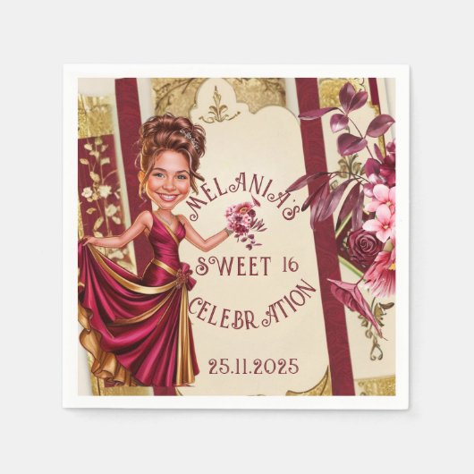 Serviette En Papier Custom Sweet 16 gold and Ruby Red caricature (Devant)