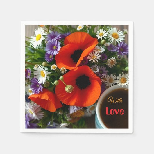 Serviette En Papier Custom "With Love" Cup of Coffee & Red Poppies (Devant)