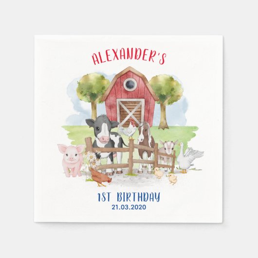 Serviette En Papier Cute 1er anniversaire Animaux de ferme Barnyard En (Devant)