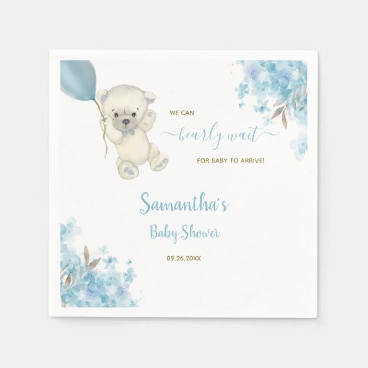Serviette En Papier Cute Baby shower Ours En Teddy Aquarelle Bleu Garç (Devant)