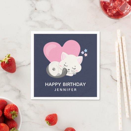 Serviette En Papier Cute Blanc Kitty Chat Dormir Anniversaire (En situation)