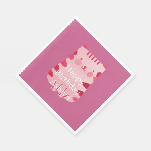 Serviette En Papier Cute Blanc Rose Chat Anniversaire Personnalisé (Coin)