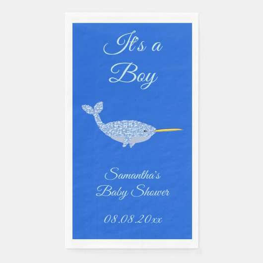 Serviette En Papier Cute Blue Baby Boy Narwhal Baby shower personnalis (Devant)