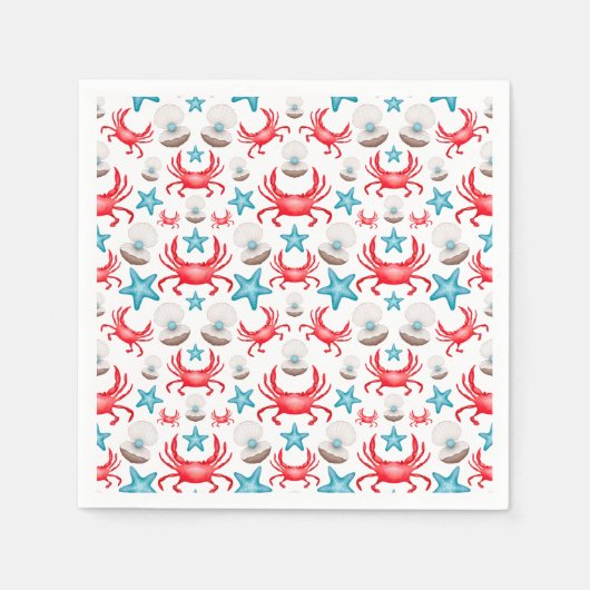 Serviette En Papier Cute Blue Coastal Seaside Crab & Shell Motif (Devant)