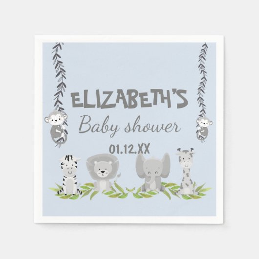 Serviette En Papier Cute Blue Safari Animaux Garçon Baby shower (Devant)