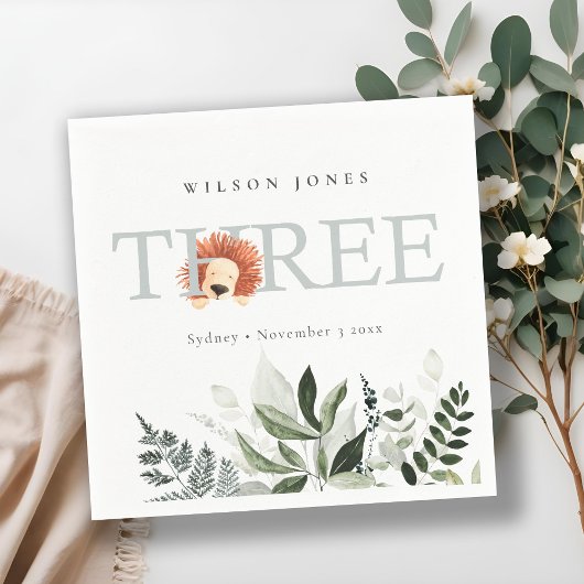 Serviette En Papier Cute Boho Lion Foliage 3ème fête d'anniversaire