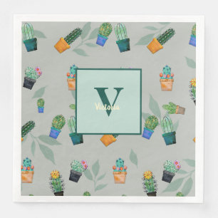 Serviette En Papier Cute Cactus Motif de fleurs vertes