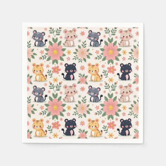 Serviette En Papier Cute Cartoon Jungle Cats and Flowers (Devant)