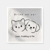 Serviette En Papier Cute Cat & Dog Line Art "Drink on Us!" Cocktail Na (Devant)