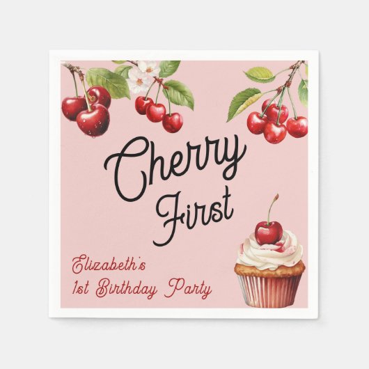 Serviette En Papier Cute Cherry First 1st Girl Anniversaire rose (Devant)