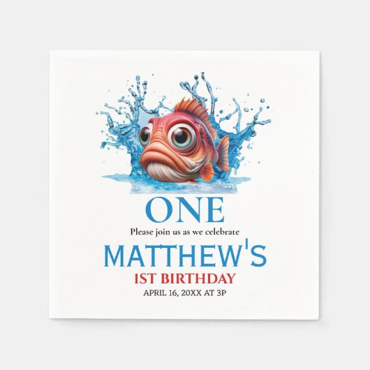 Serviette En Papier Cute Eau Bleu Poisson 1er anniversaire (Devant)
