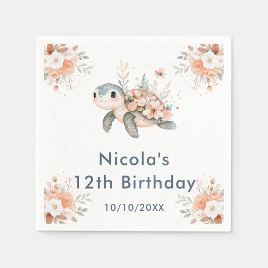 Serviette En Papier Cute Floral Turtle Birthday Party (Devant)