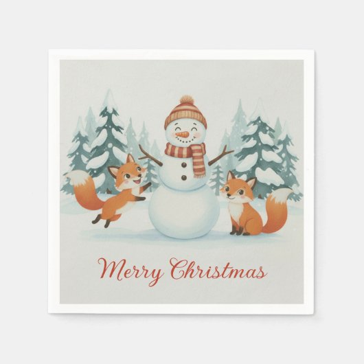 Serviette En Papier Cute Foxes and Snowman Merry Christmas (Devant)
