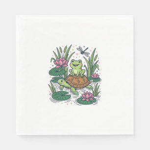 Serviette En Papier Cute Frog Riding Turtle Pond Vintage Vector Art_1