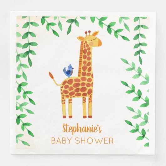 Serviette En Papier Cute Giraffe & Baby shower d'oiseaux Personnalisé (Devant)