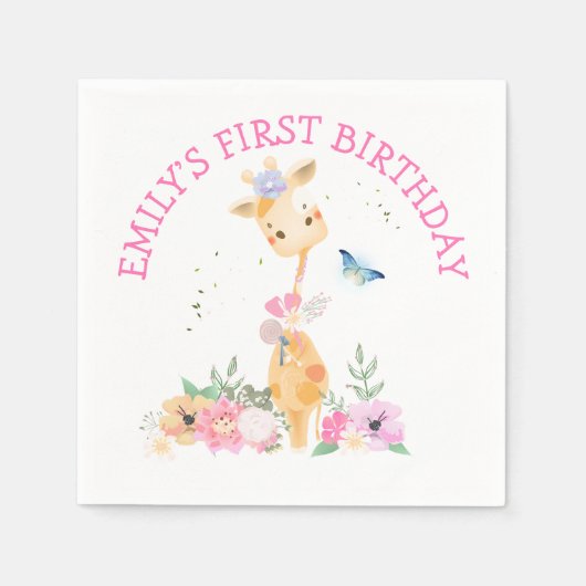 Serviette En Papier Cute Giraffe Fleurs roses Filles 1er anniversaire (Devant)