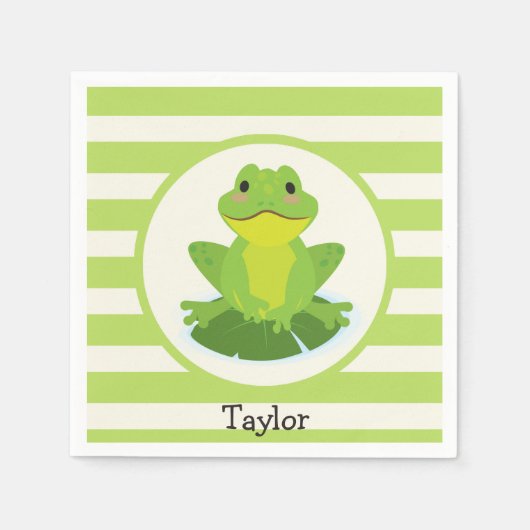 Serviette En Papier Cute Grenouille verte sur Motif rayé (Devant)