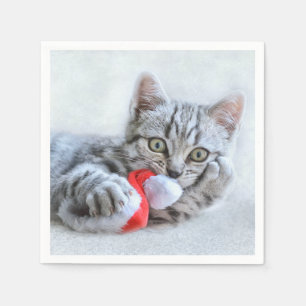 Serviette En Papier Cute Grey Tabby Chat Noël Casquette Noël Noël Noël