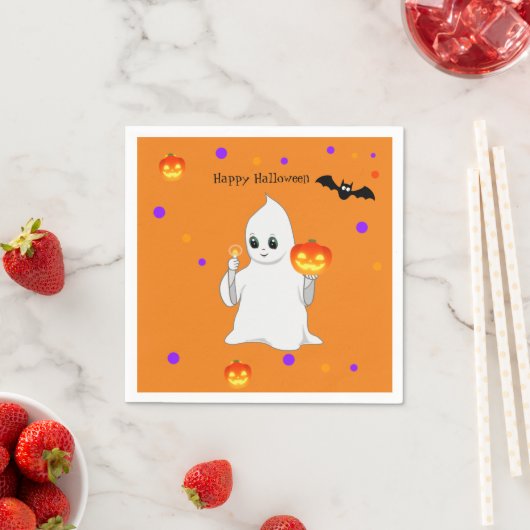 Serviette En Papier Cute Halloween Baby Ghost & Citrouilles sur Orange (En situation)