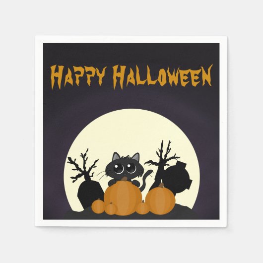 Serviette En Papier Cute Halloween Chat noir Éffrayant (Devant)
