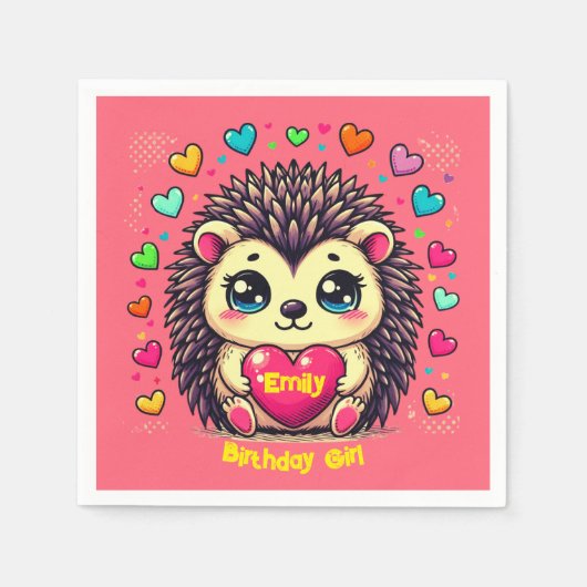 Serviette En Papier Cute Hérisson personnalisable Fille d'anniversaire (Devant)