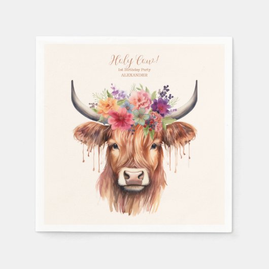 Serviette En Papier Cute Highland Cow 1er anniversaire (Devant)