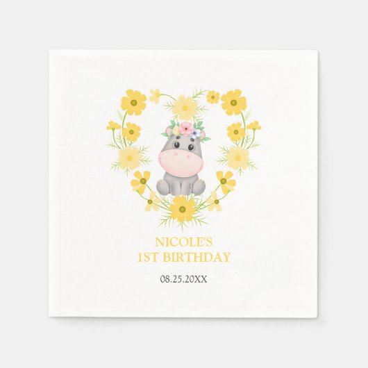 Serviette En Papier Cute Hippopotamus Coeur de Fleur Jaune 1er Anniver (Devant)