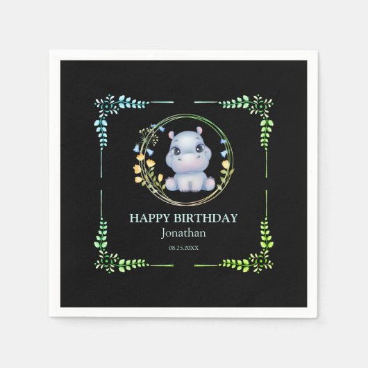 Serviette En Papier Cute Hippopotamus Fleur Wreath Anniversaire Noir (Devant)