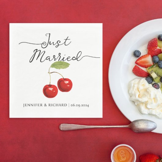 Serviette En Papier Cute Just Marié Retro Red Cherries Mariage