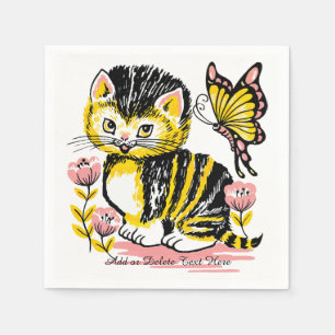 Serviette En Papier Cute Kitten et papillon en fleurs