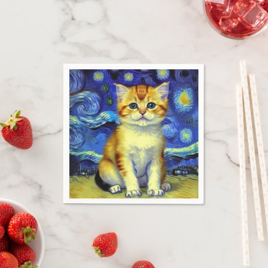 Serviette En Papier Cute Kitten Starry Night Van Gogh (En situation)